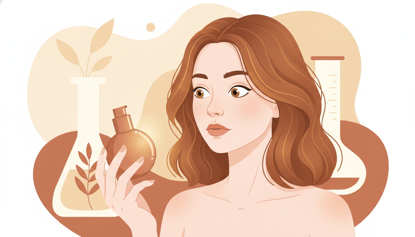 Naia examining a copper-colored serum bottle with a thoughtful, curious expression