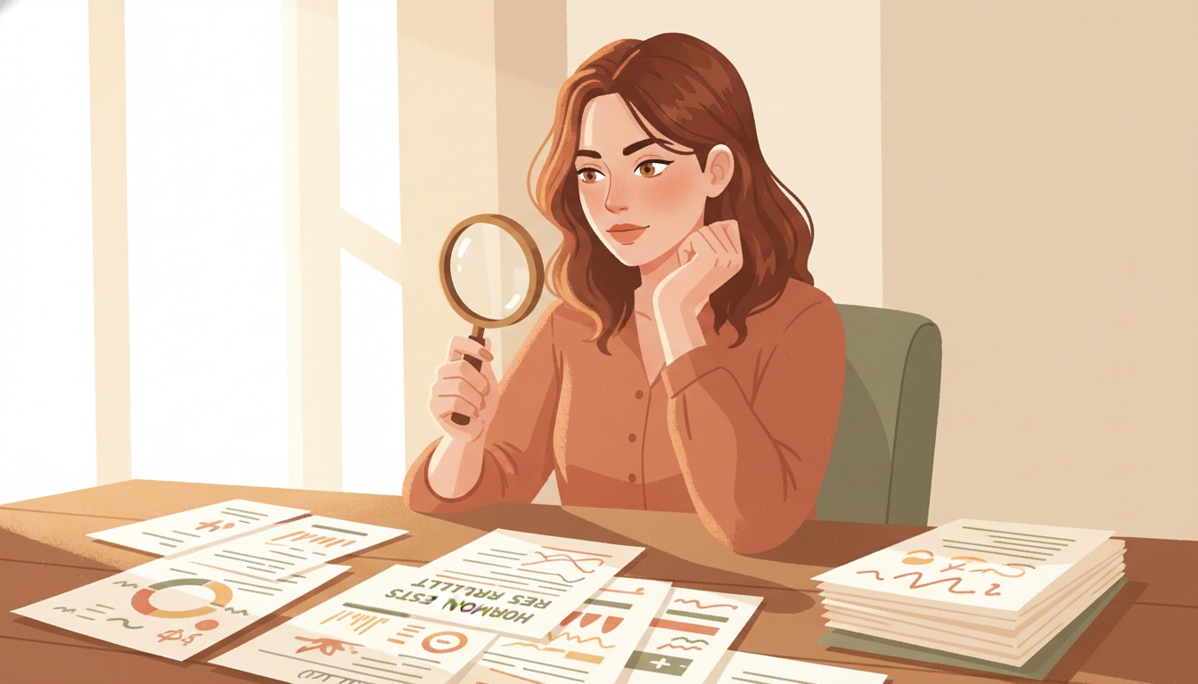 Naia at a desk reviewing hormone test results with scientific charts