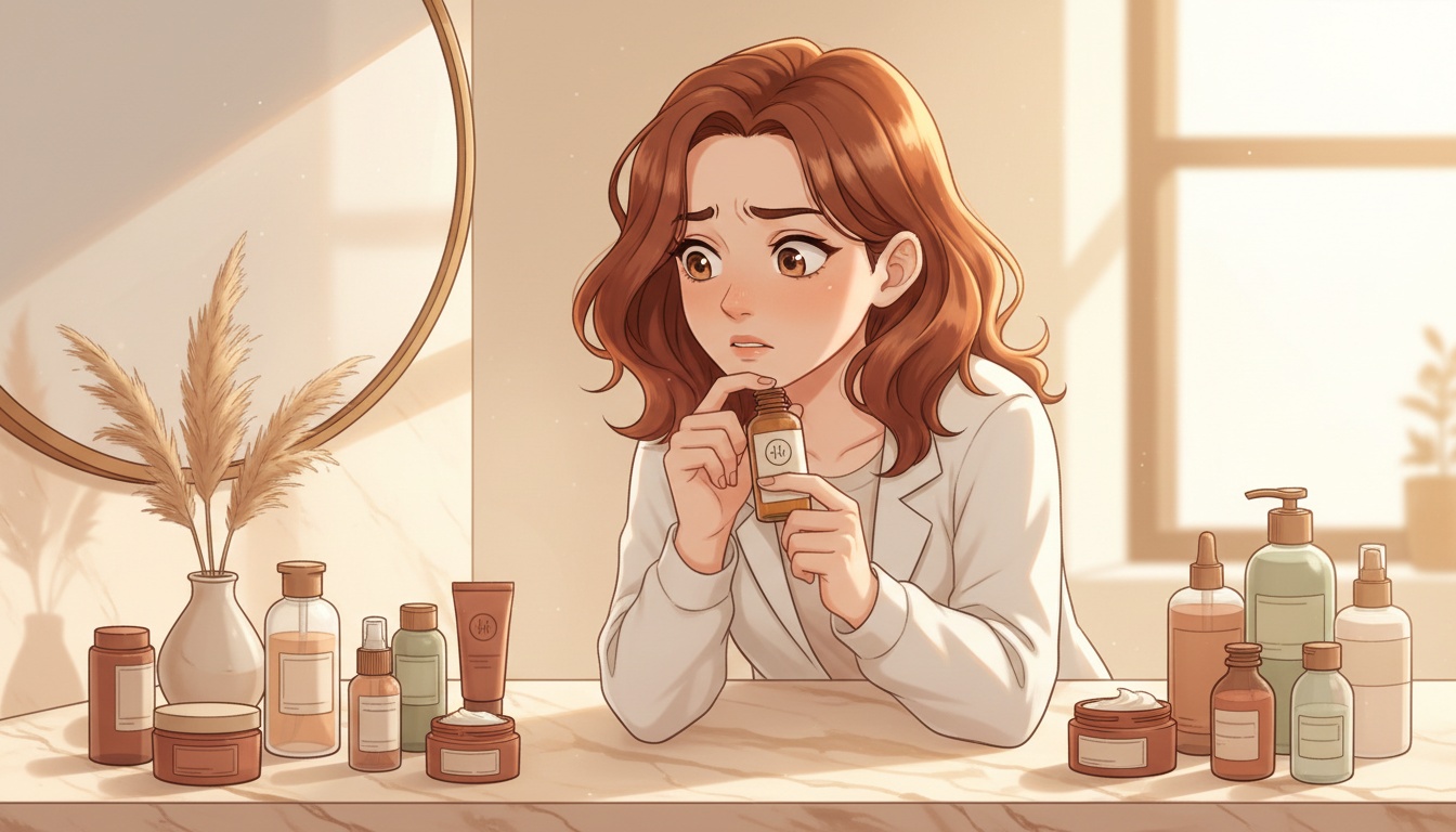 Naia examining personal care products on a bathroom counter with concern