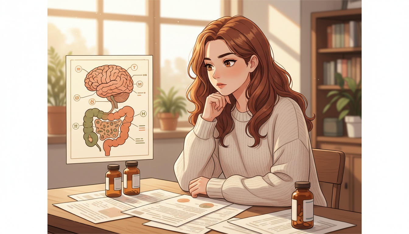 Naia examining brain-gut research diagrams with supplement bottles on desk