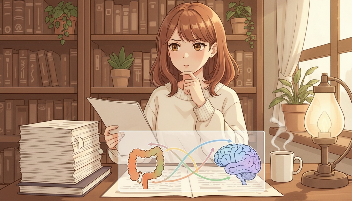 Naia reviewing gut-brain research with diagrams showing three pathways connecting gut to brain