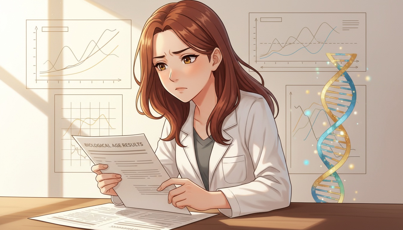 Naia reviewing biological age test results with a thoughtful expression