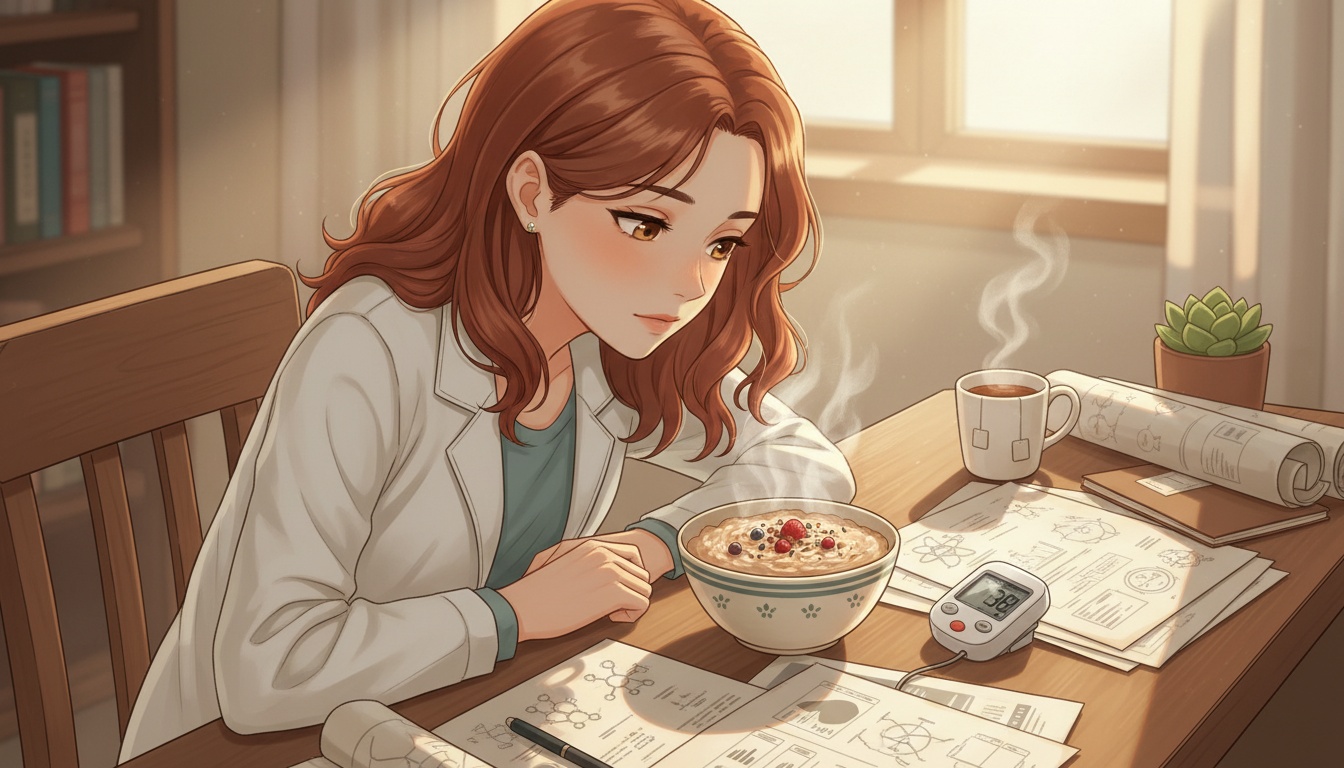 Naia examining oatmeal research with warm scientific lighting