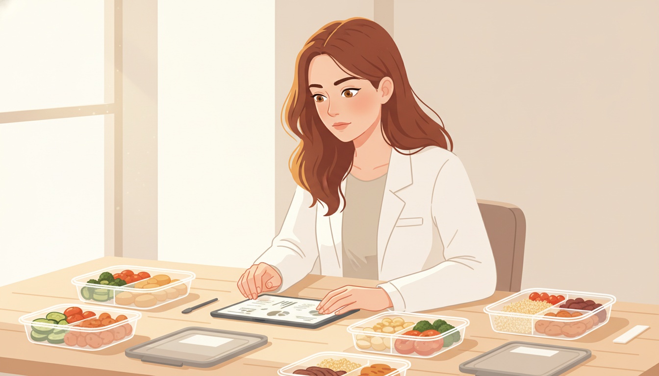 Naia reviewing nutrition research at a clean desk with meal prep containers, warm editorial lighting