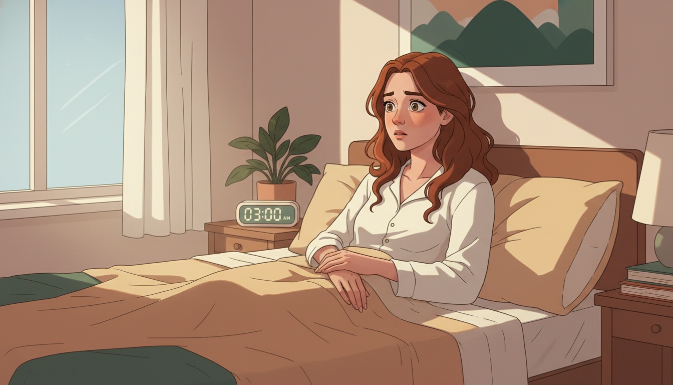 Naia awake at 3am glancing at bedside clock, soft moonlight