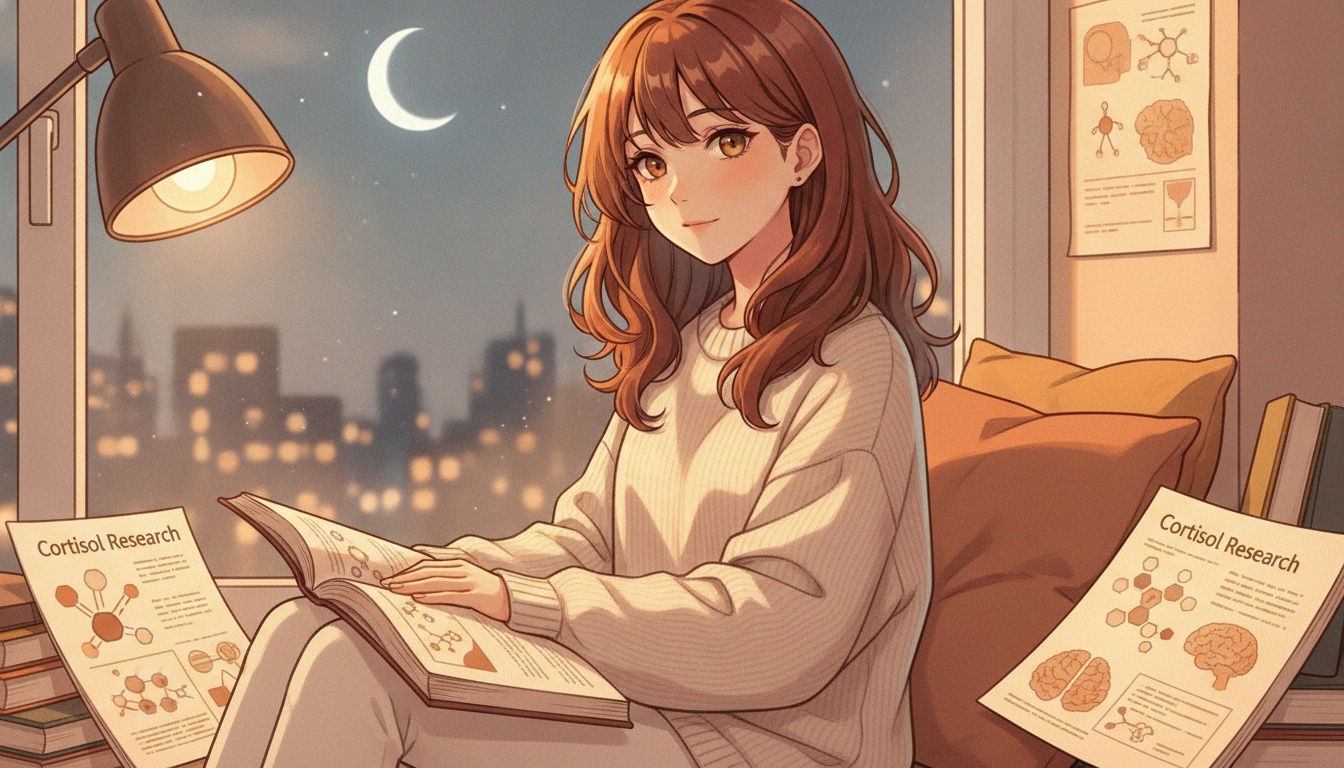 Naia with an empathetic expression sitting by a window at night reviewing cortisol research