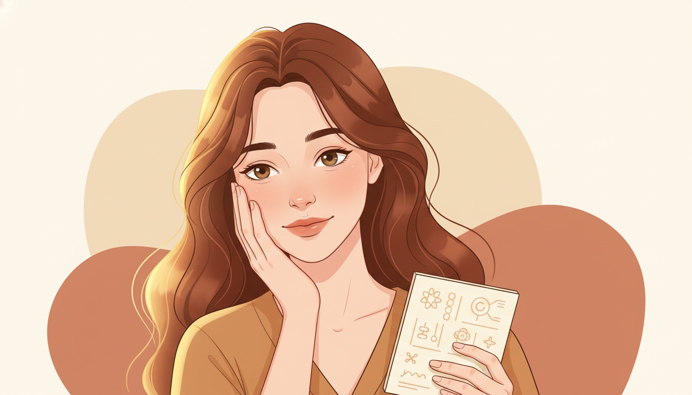 Naia gently examining jawline skin, empathetic warm tones
