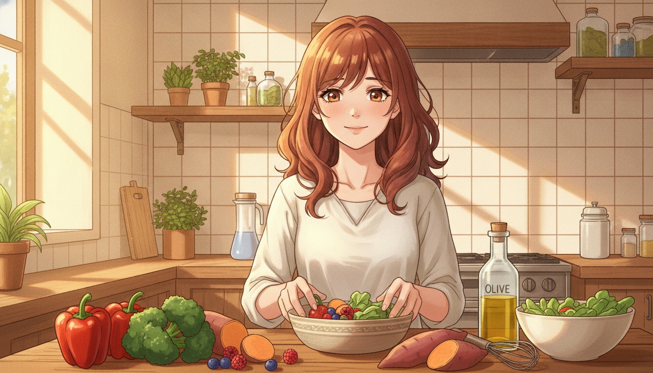 Naia with a relieved expression preparing an anti-inflammatory meal with colorful vegetables and berries
