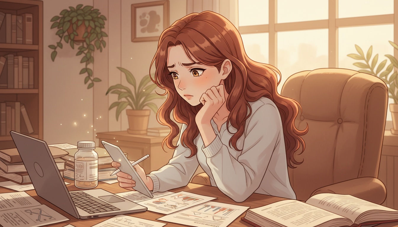 Naia researching antibiotic effects on mood at her desk