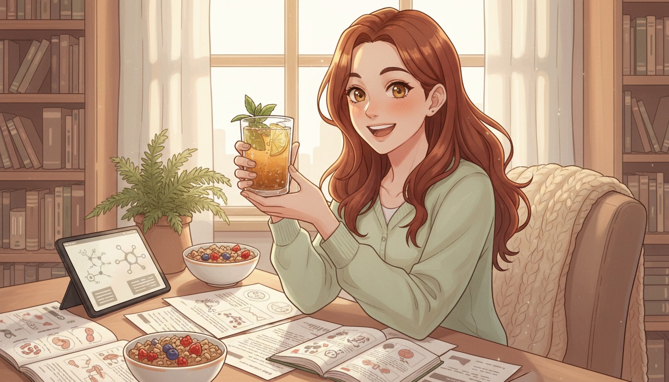 Naia examining kombucha and kefir bottles with research notes