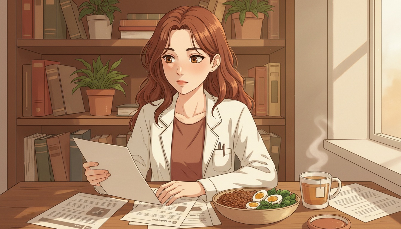 Naia examining hair-nutrition research at a desk with iron-rich foods like lentils and eggs