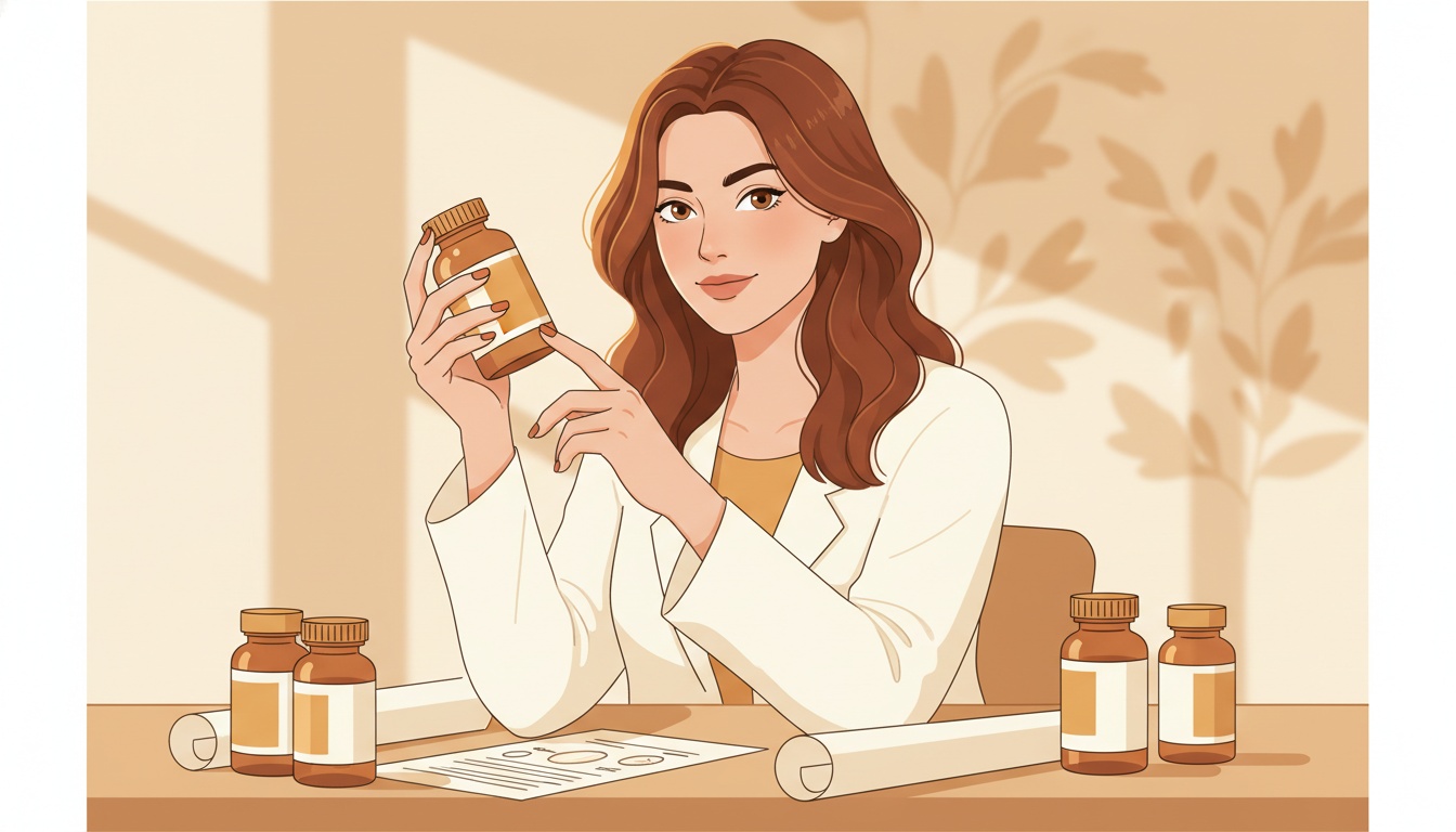 Naia reviewing supplement research at a desk, warm ivory tones