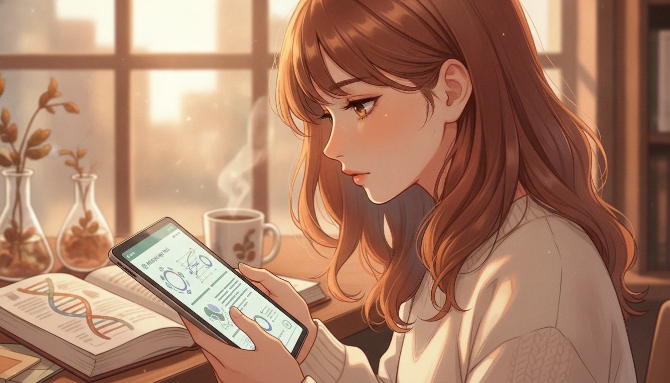 Naia with a thoughtful expression reviewing biological age testing results and epigenetic data