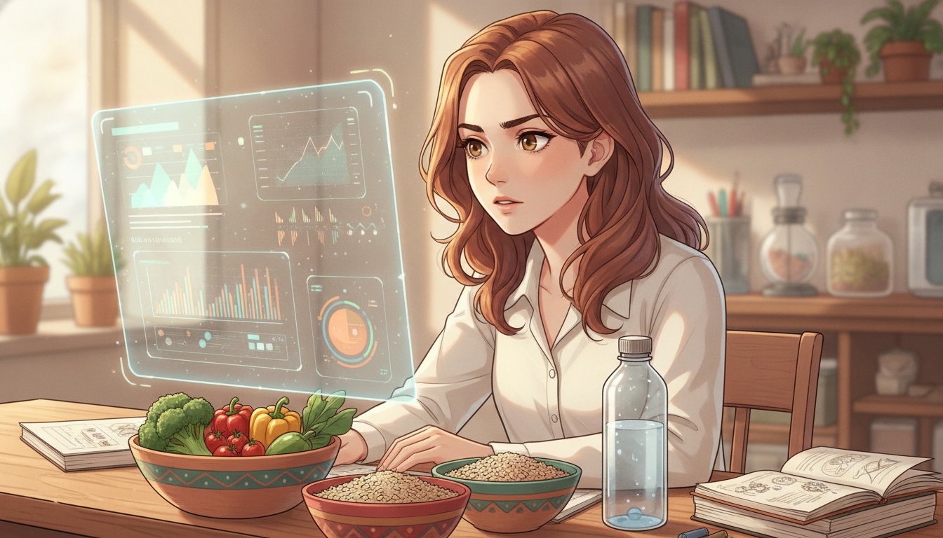 Naia examining food research data with fresh vegetables and whole grains on the desk