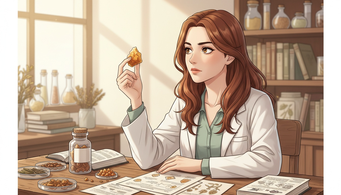 Naia examining boswellia resin and research papers at a desk with botanical samples