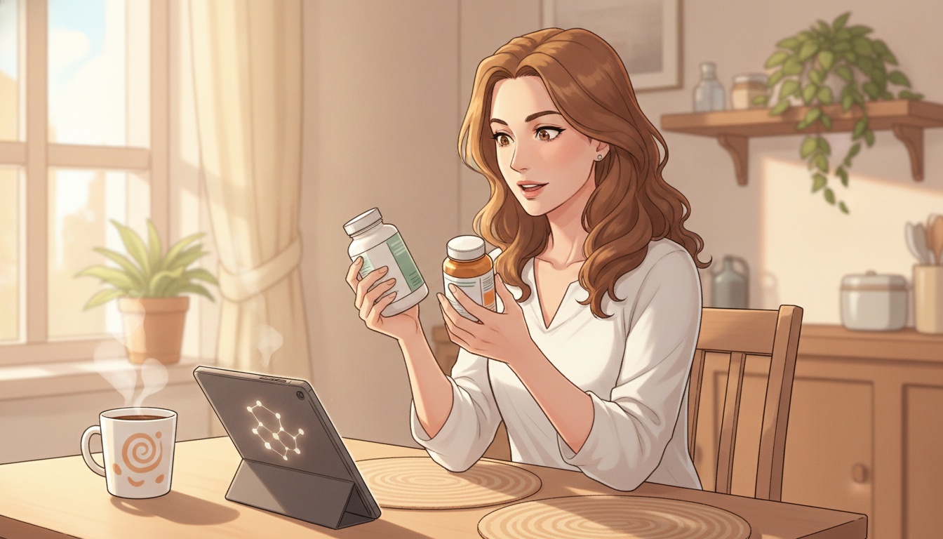 Naia comparing two supplement labels at a kitchen table, morning light, one bottle in each hand