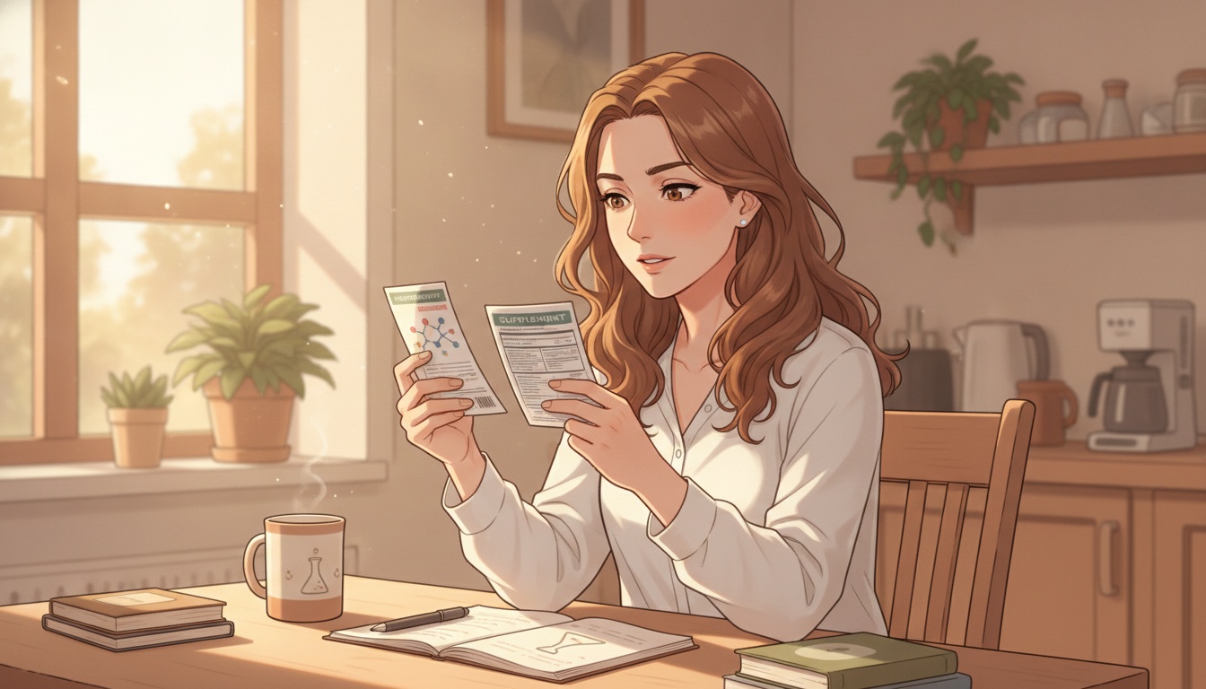 Naia comparing two supplement labels at a kitchen table, morning light