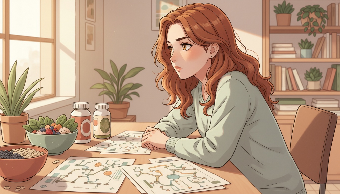 Naia examining gene expression diagrams with fiber-rich foods on her desk