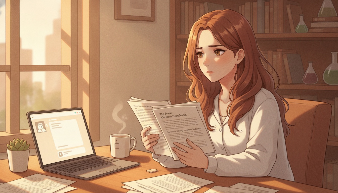 Naia reviewing research on journaling and cortisol at her desk