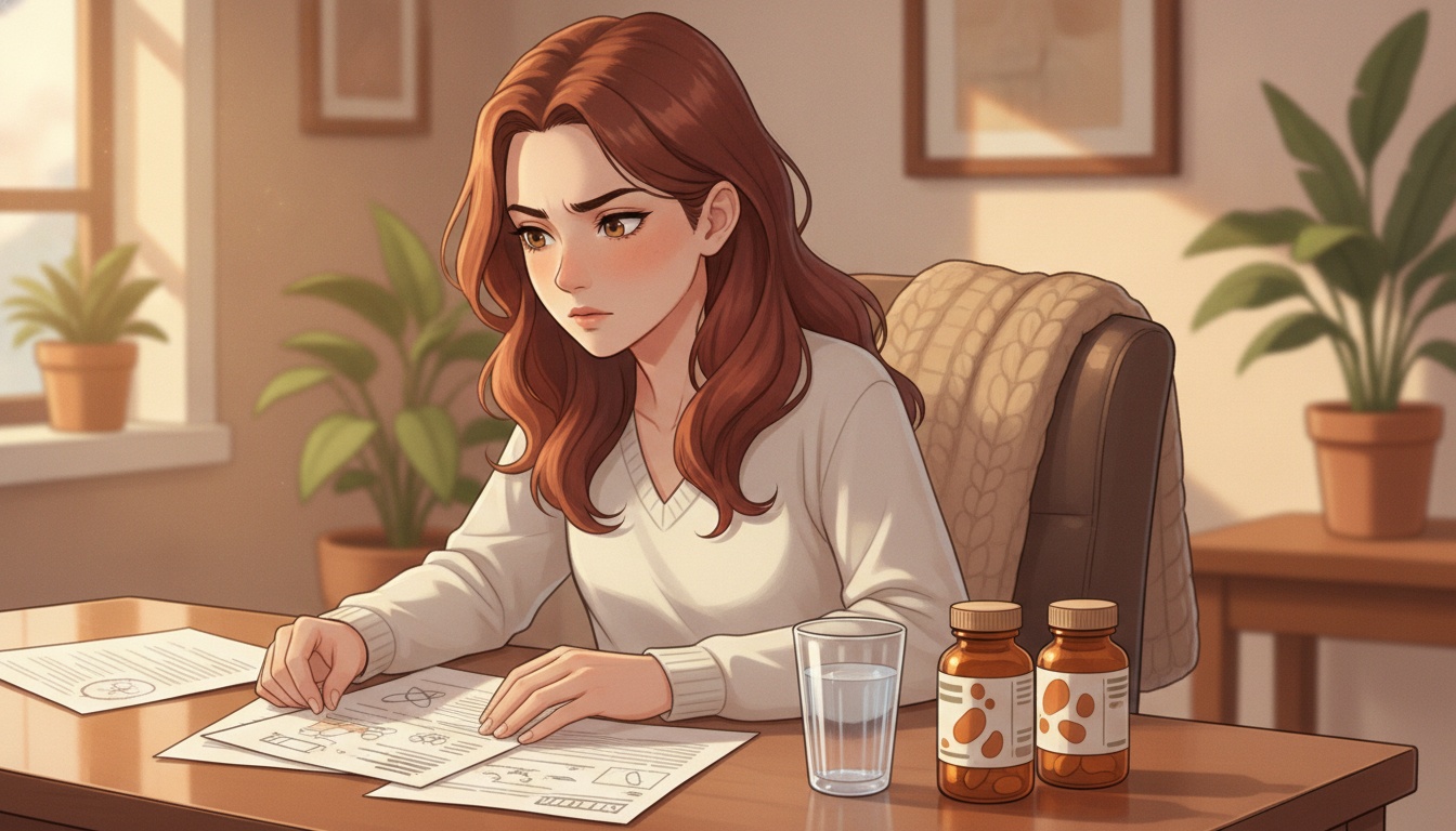 Naia examining collagen supplement research at a desk with papers
