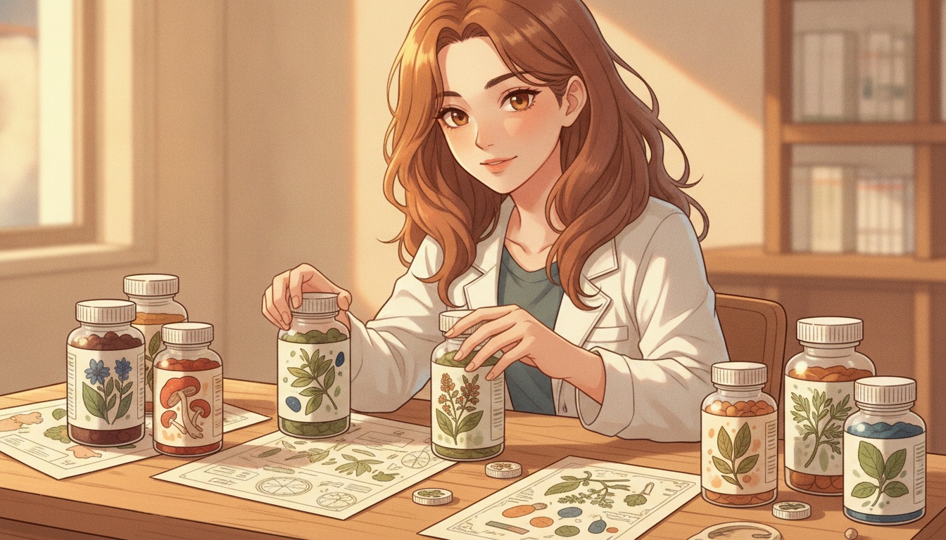 Naia reviewing adaptogen supplement bottles at her desk