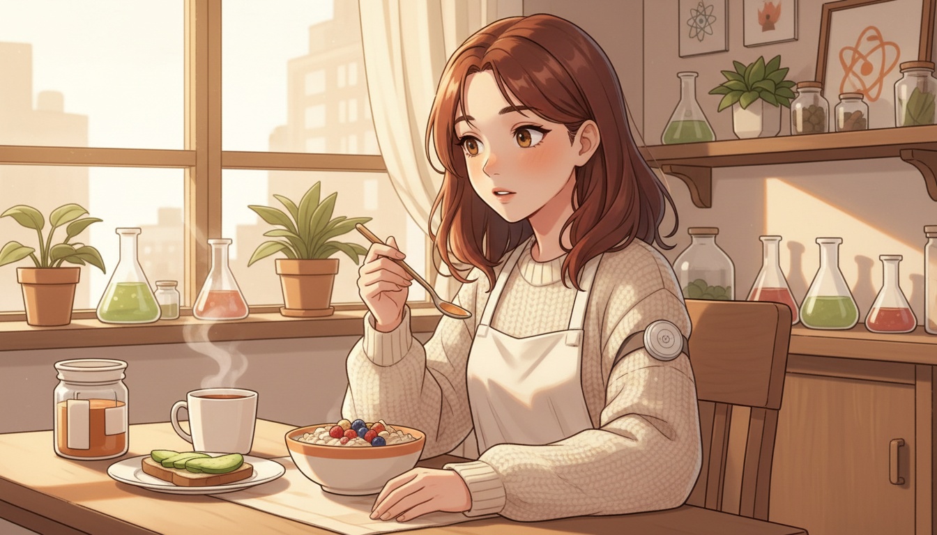 Naia looking at a glucose monitor app on her phone while eating breakfast