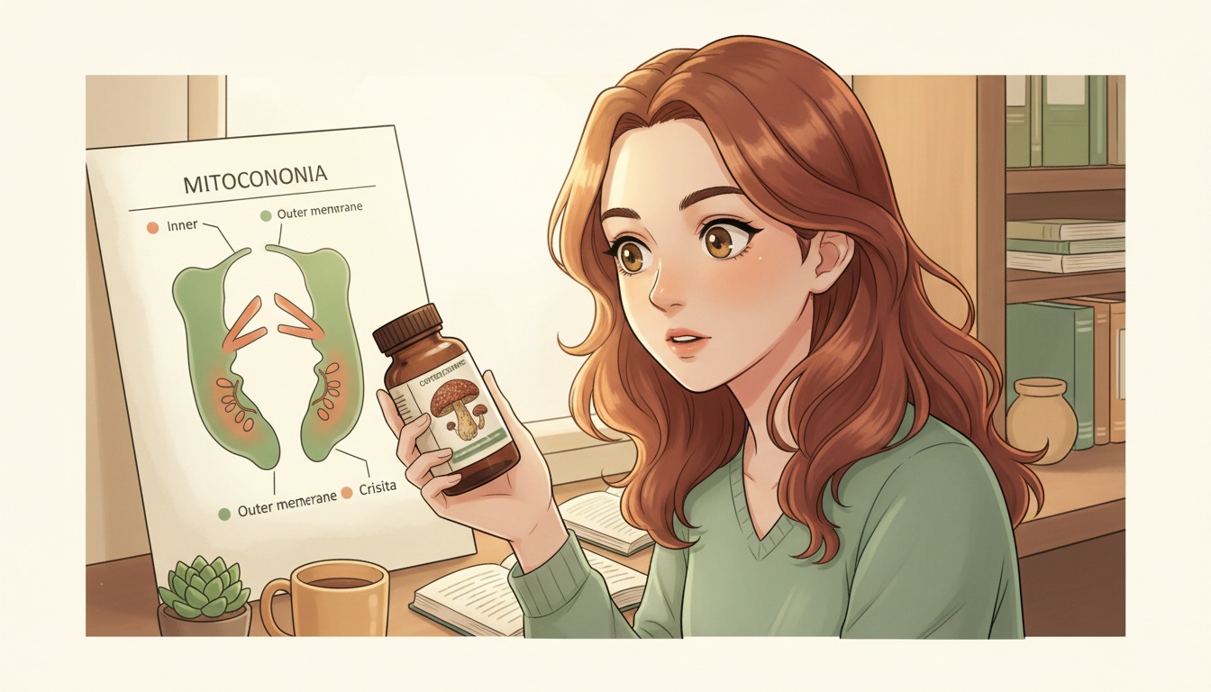 Naia examining cordyceps mushroom supplement with warm laboratory lighting