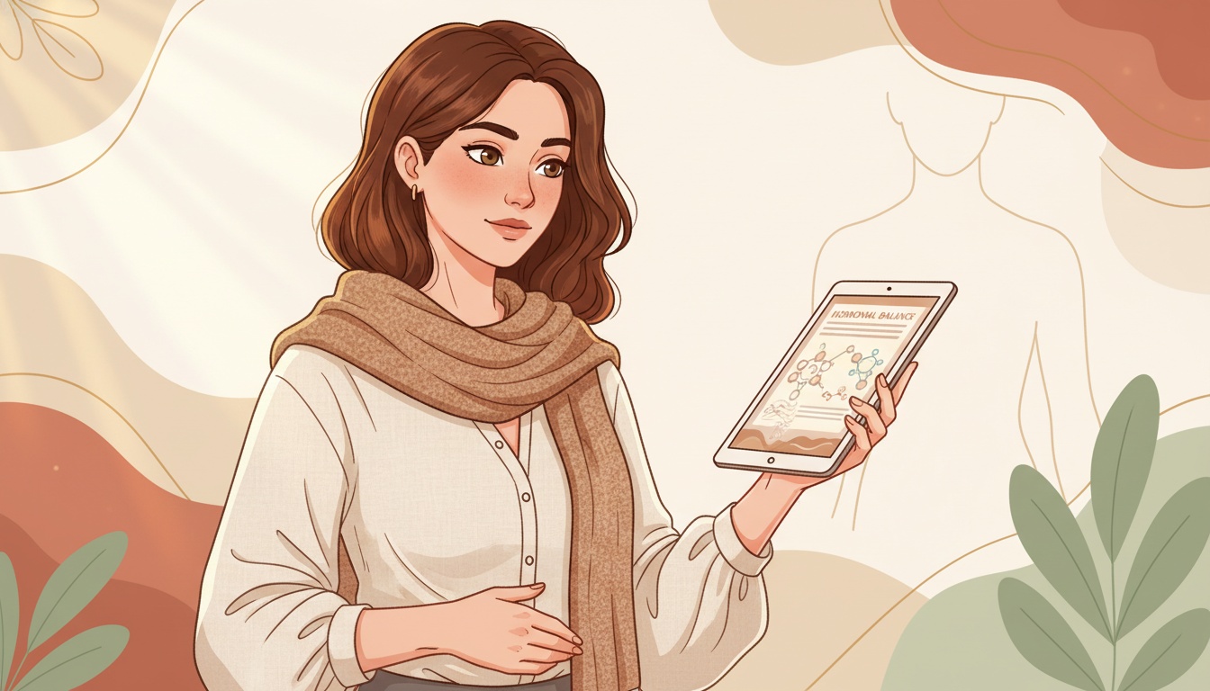 Naia reading about cortisol and stress hormones on tablet, calm focus
