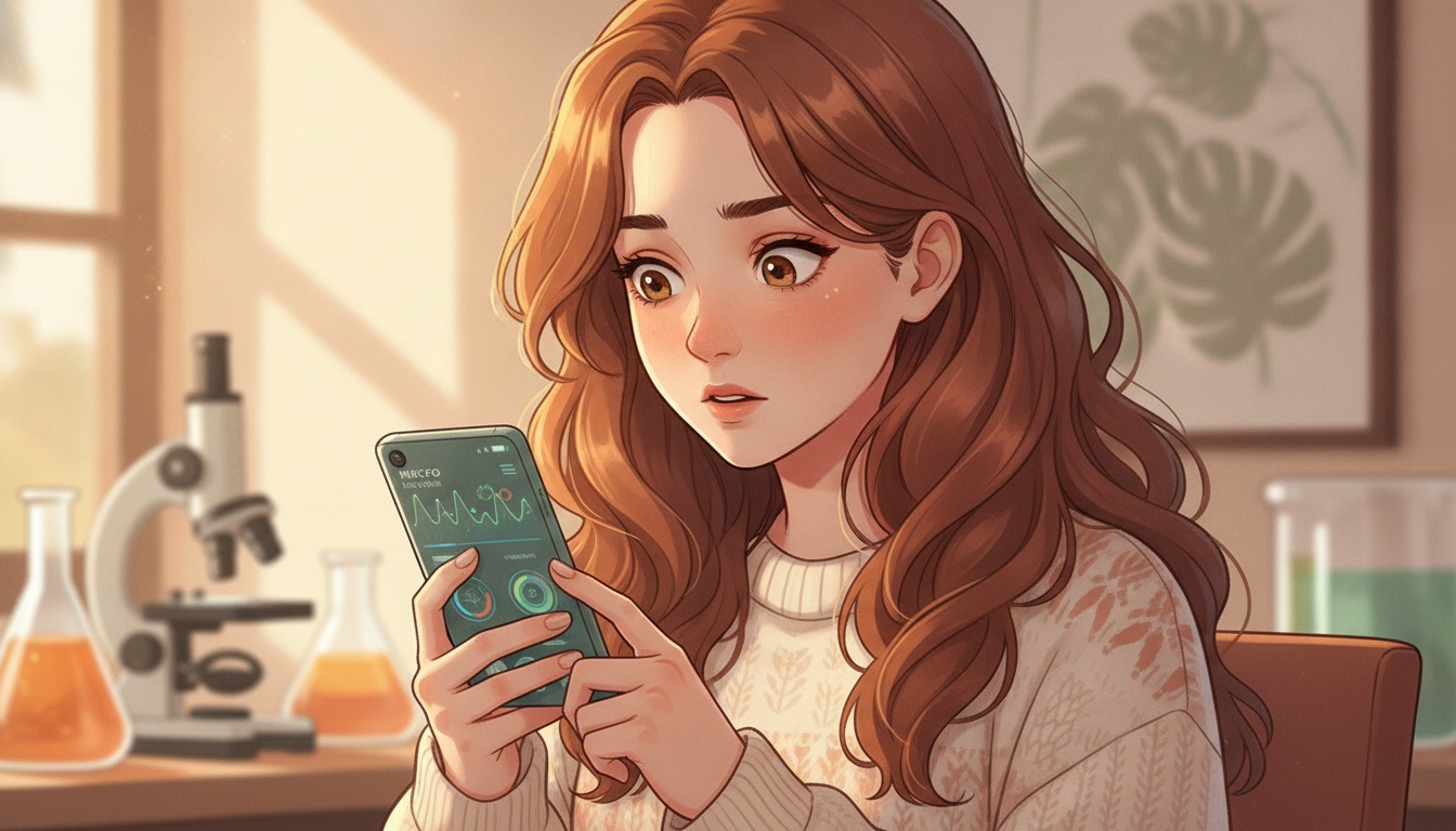 Naia looking concerned at a phone with a macro tracking app open