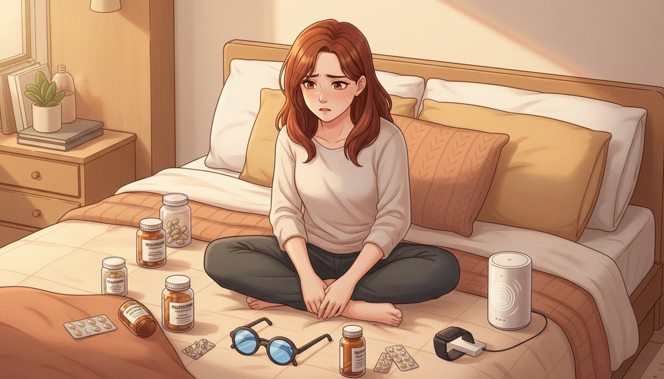 Naia looking anxious while surrounded by sleep optimization tools and supplements