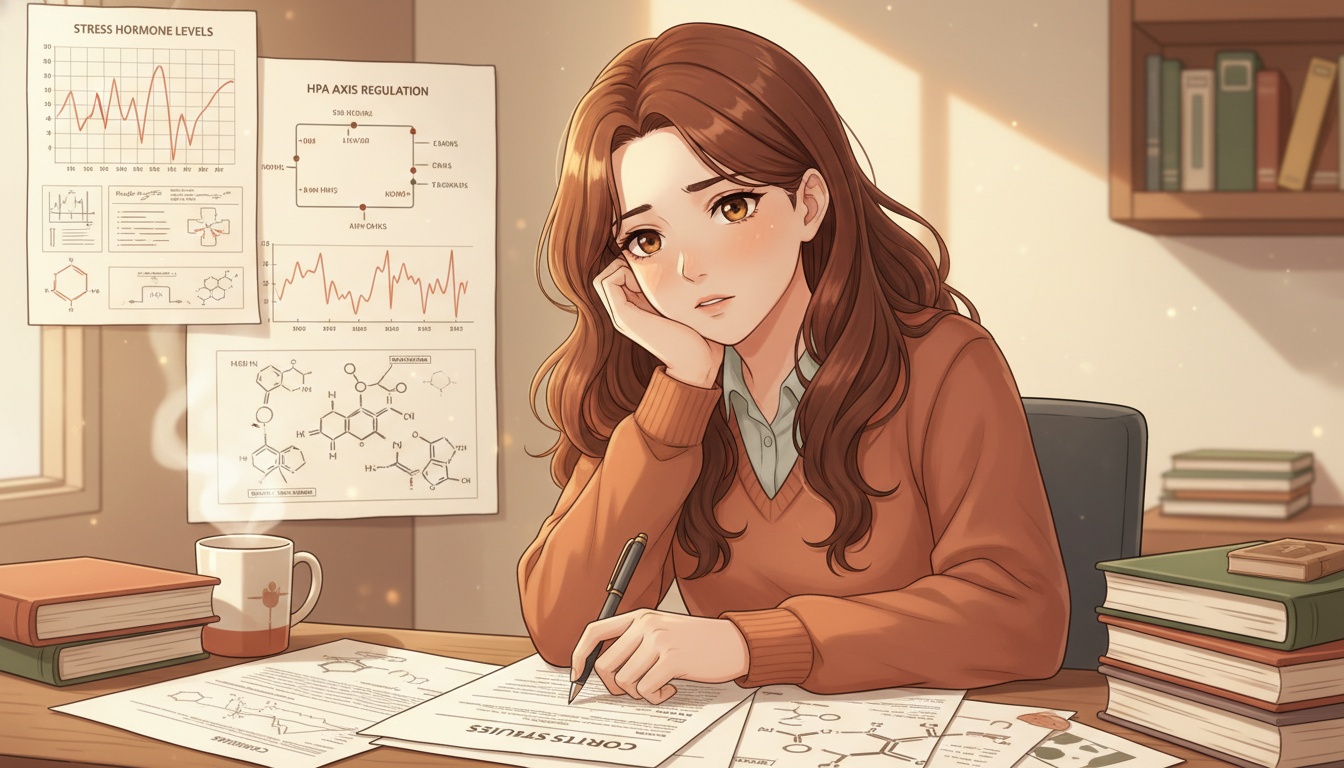 Naia looking concerned reviewing cortisol research, warm editorial desk scene