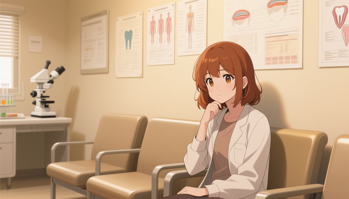 Naia sitting between a dental chair and a doctor's office, looking thoughtful