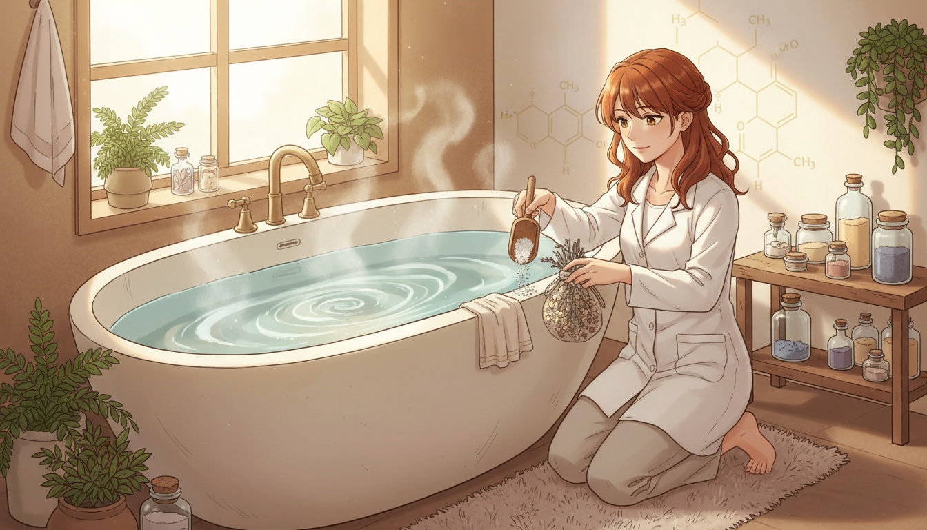 Naia preparing a mineral bath with salts and herbs, warm lighting