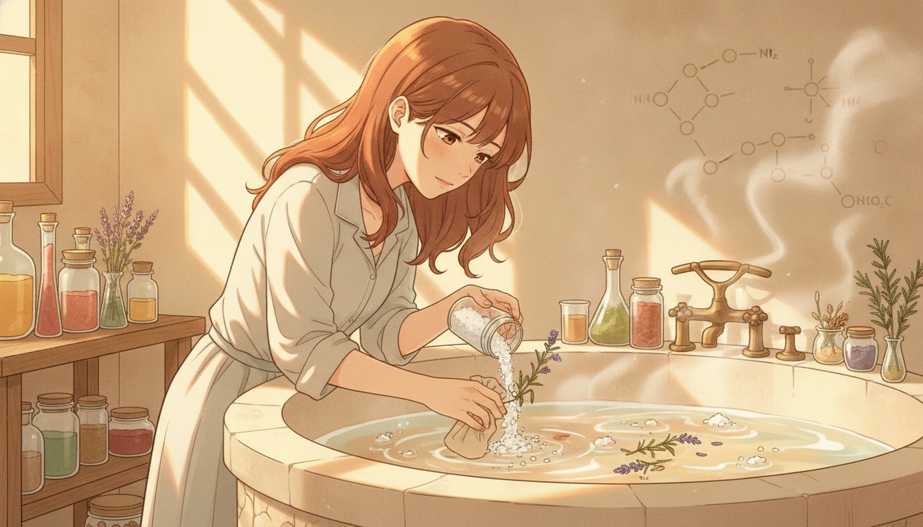 Naia preparing a warm mineral bath with herbs and salts — soft golden lighting