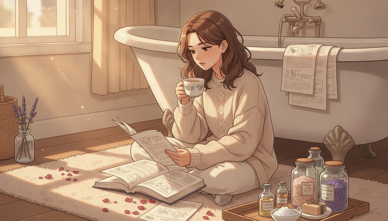 Naia reviewing research papers next to bath ingredients — warm lighting