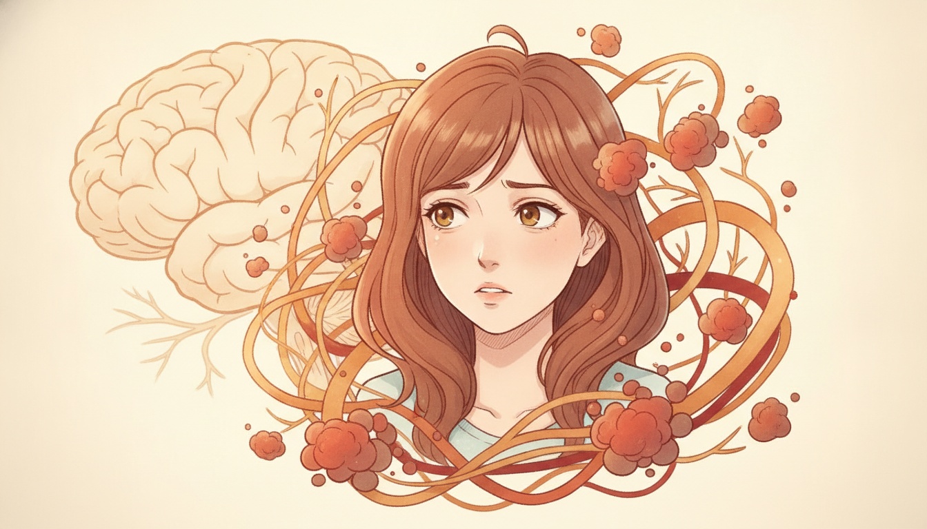 Naia with concerned expression, abstract neural pathways and inflammation markers, warm ivory tones