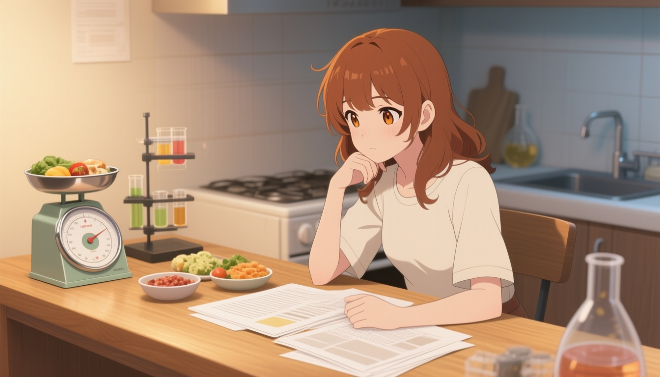 Naia studying longevity research with protein-rich foods and a scale on the desk