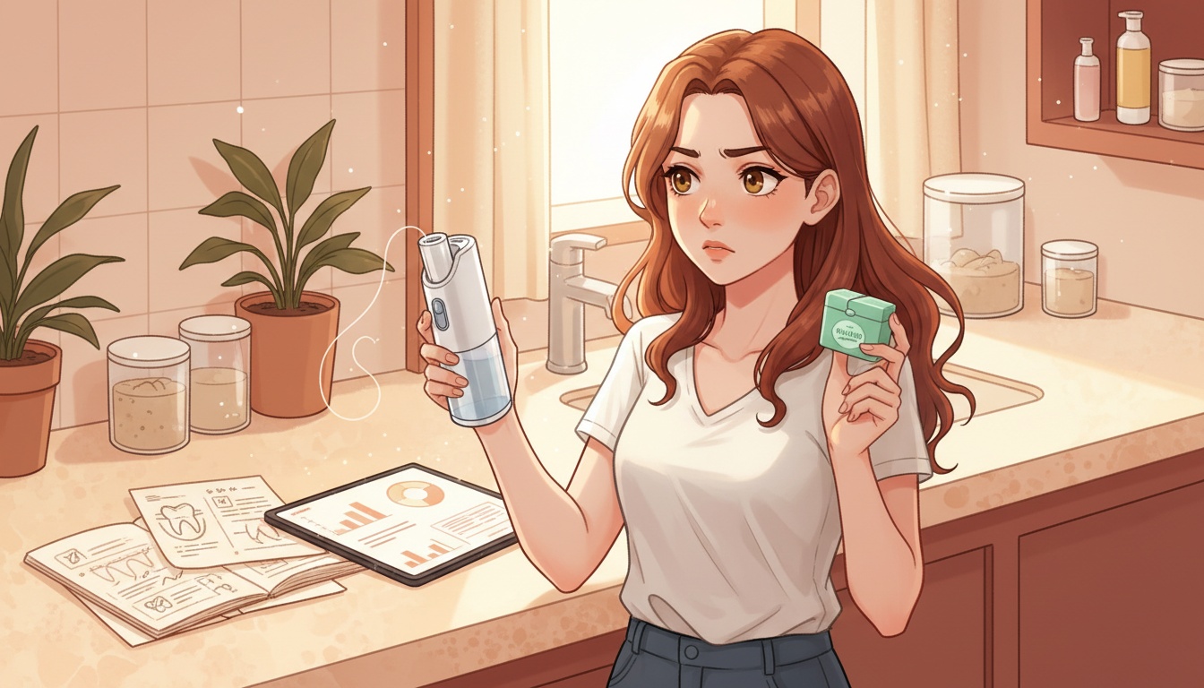 Naia comparing flossing tools at a bathroom counter with research notes