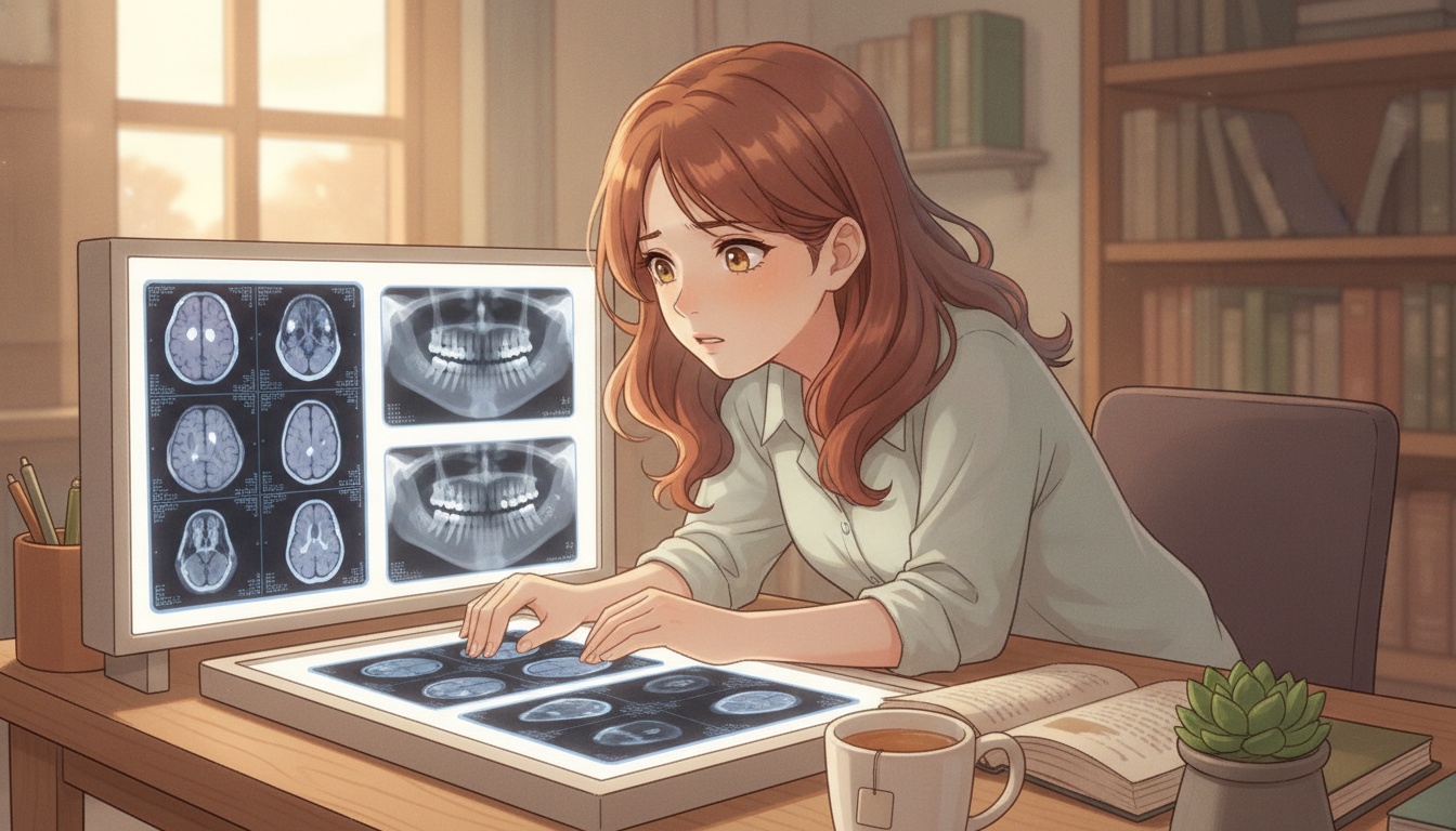 Naia reading research papers about oral bacteria and Alzheimer's with concerned expression