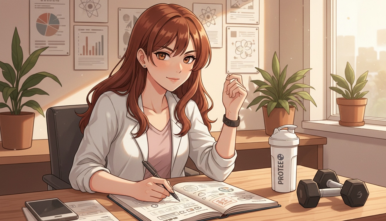 Naia planning a GLP-1 client training block in a notebook beside a protein shaker and dumbbell