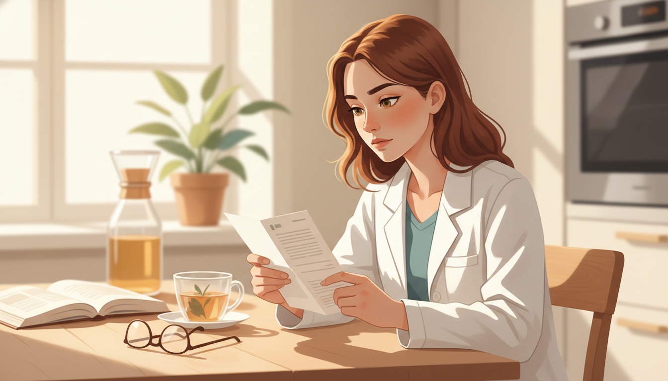 Naia reading GLP-1 medication information at kitchen table