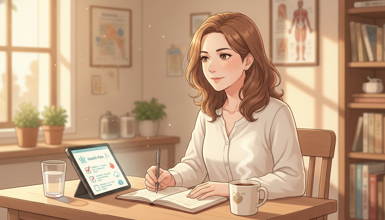 Naia journaling at a kitchen table with a health plan open on a tablet, morning light
