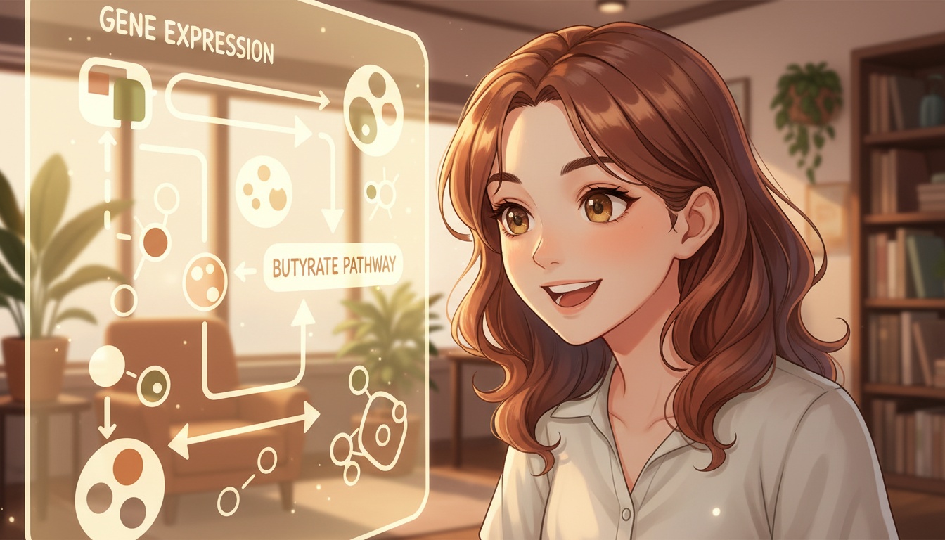 Naia excited expression examining gene expression diagram, warm scientific scene