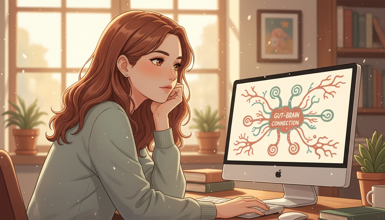 Naia thoughtful expression with gut-brain diagram illustration, warm research scene