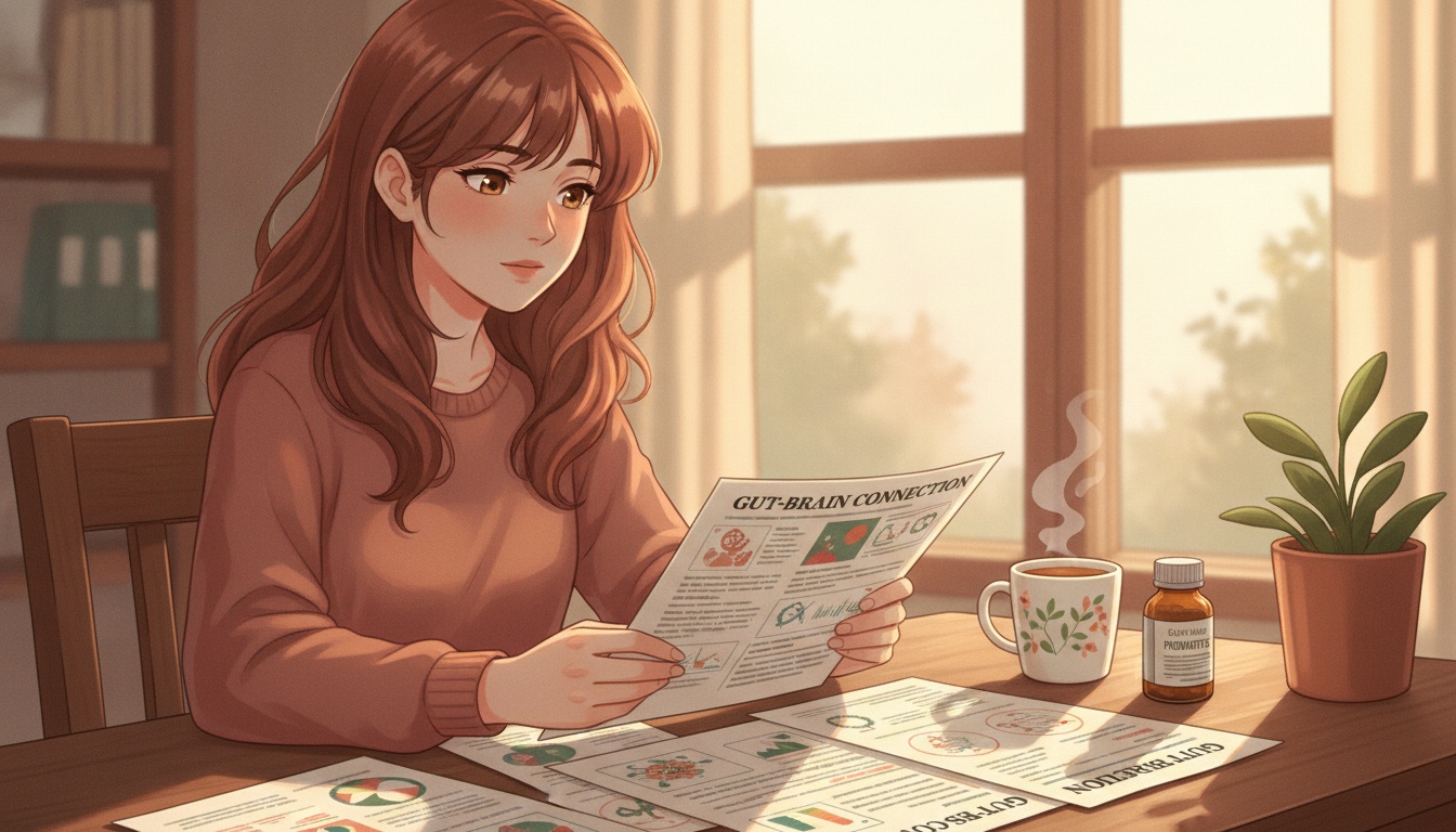 Naia reading research papers about the gut-brain connection with a cup of tea