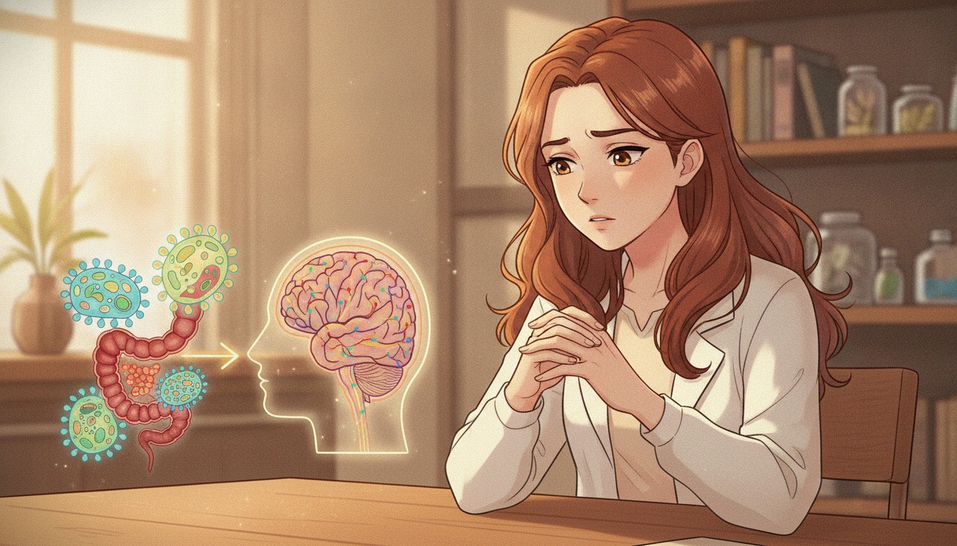 Naia sitting with hands on her stomach, warm tones, gut-brain visualization