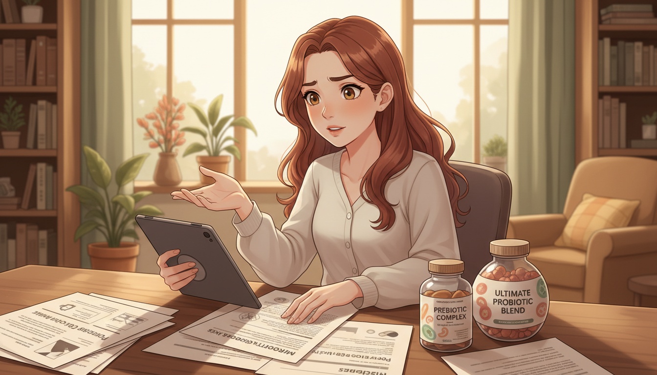 Naia reading research about the gut-brain connection with supplements on desk