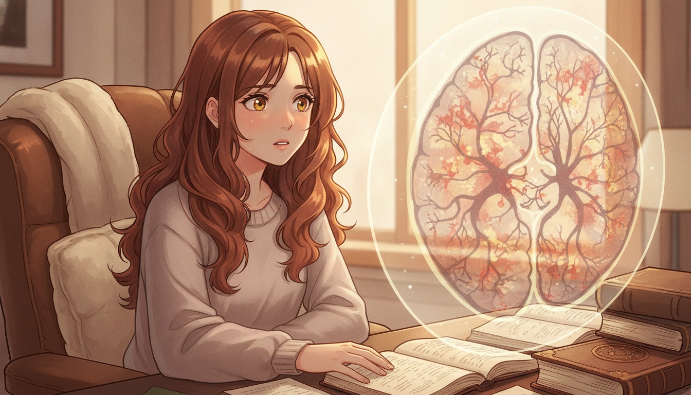 Naia with a thoughtful expression studying neuroinflammation pathways and immune signaling diagrams