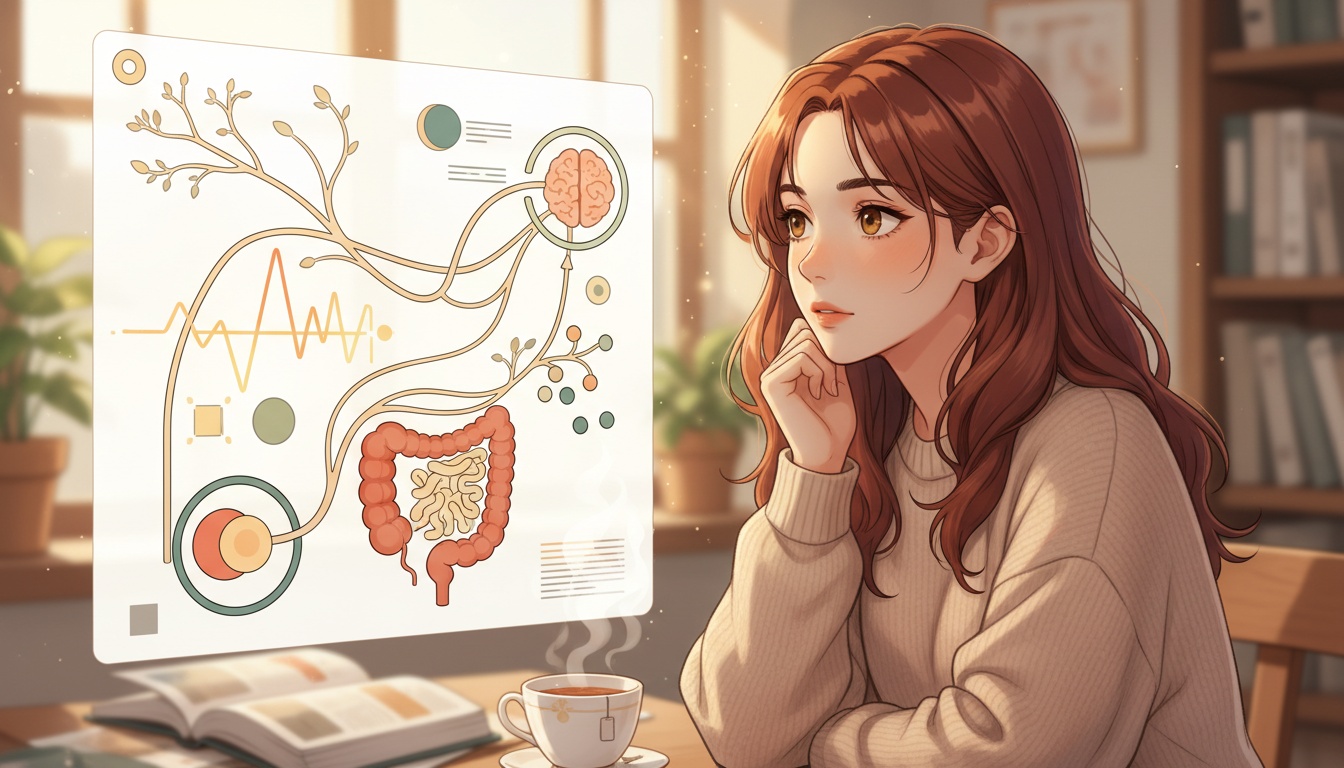 Naia studying serotonin pathways between gut and brain with research diagrams
