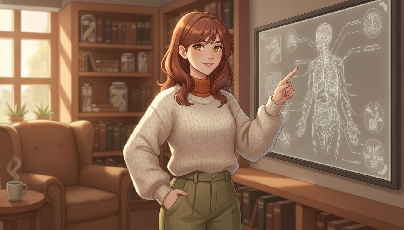 Naia with a confident expression pointing to a diagram of the vagus nerve connecting gut and brain